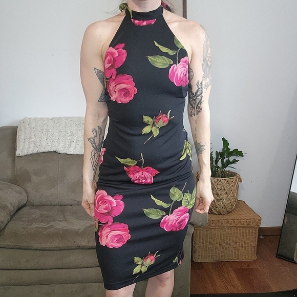 Vintage Dresses & Skirts - Vintage Black Knee Length Bodycon Dress With Pink Florals Size Medium